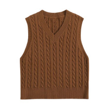 Women's V-neck sweater vest solid brown knit sleeveless