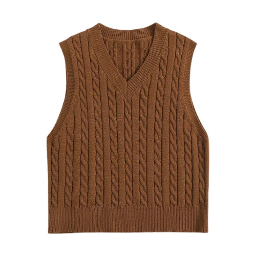 Women's V-neck sweater vest solid brown knit sleeveless