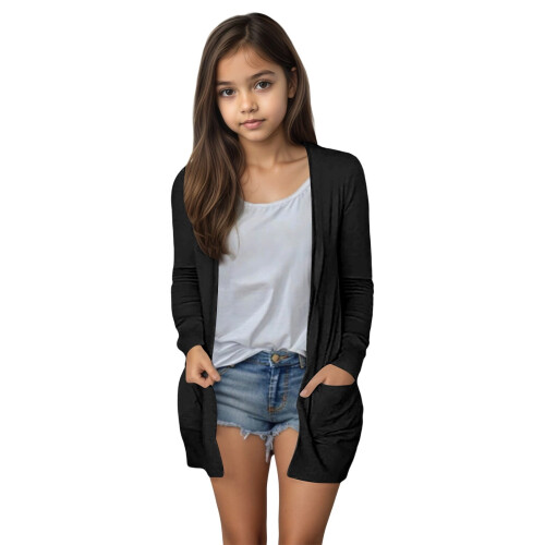 Girls' cardigan open front solid color with pockets size