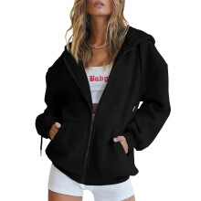 Sweat-shirt à capuche noir uni pour femme avec fermeture éclair et
