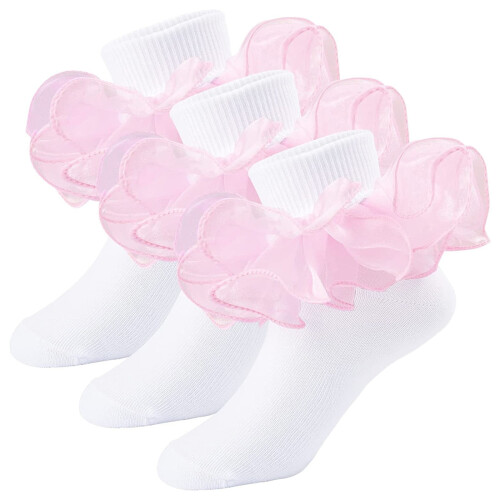 Barns blommiga spetsstrumpor med rosa volanger, 3 par