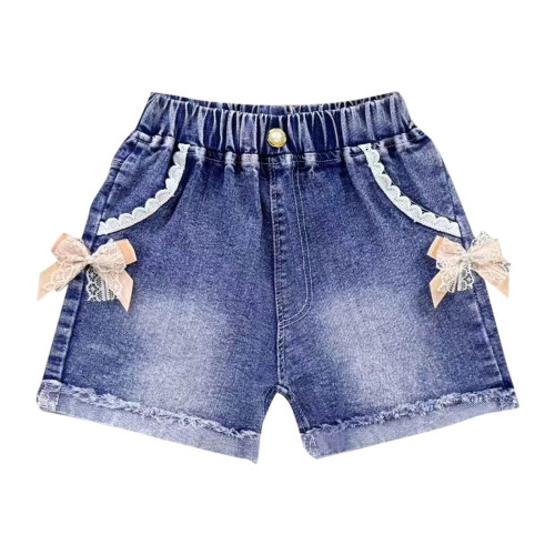 Calções jeans para meninas com cintura elástica e cordão,