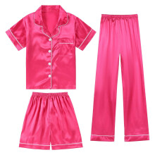 Casual pyjamaset van zijdesatijn voor meisjes, 3-delig, felroze.