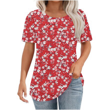 Top de manga corta con cuello redondo y fruncido floral para mujer