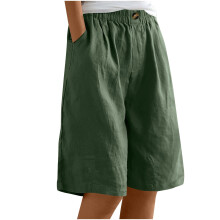 Pantaloni scurți largi din in pentru femei, lungime până la genunchi, cu buzunare