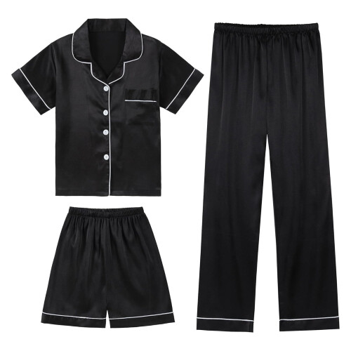 Pigernes afslappet silke-satin pyjamassæt, 3 dele, sort, str.