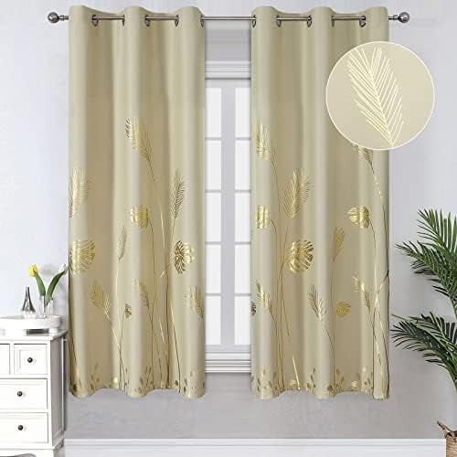 Gold Wheat Leaf Print Curtains Light Blocking Thermal