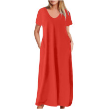 Rochie maxi pentru femei, cu decolteu în V, mânecă scurtă și buzunare.