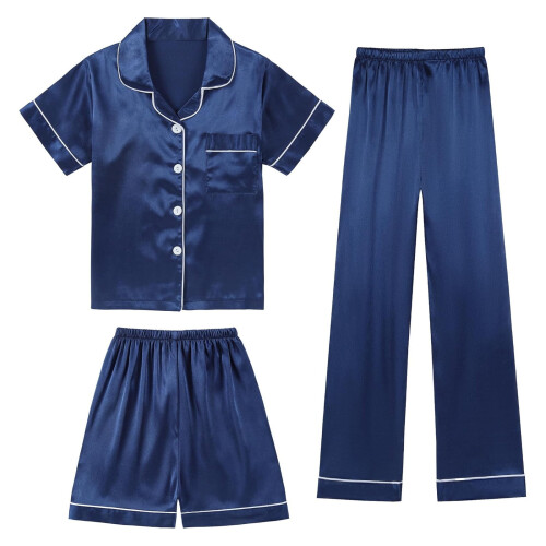 Mädchen-Freizeitpyjama-Set aus Seidensatin, 3-teilig, dunkelblau