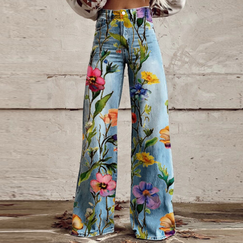 Pantaloni casual da donna stampati con cerniera e bottone
