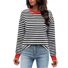 Top negro de manga larga informal para mujer, poliéster a rayas, talla XL.