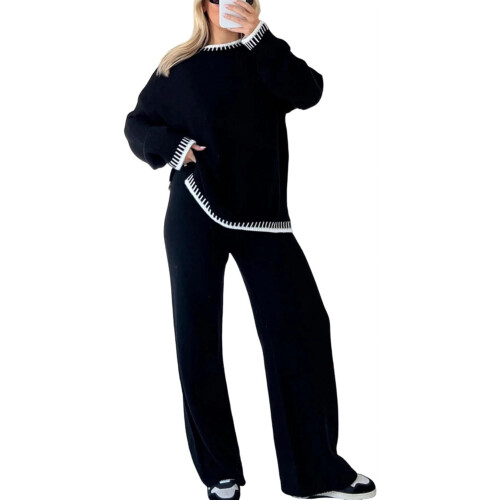 Conjunto feminino de suéter e calça pantalona (2 peças)