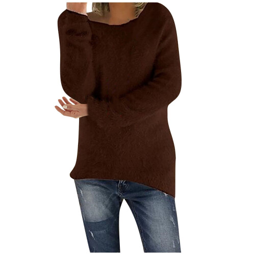 Women's Fluffy Fuzzy Sweater Solid Color Long Sleeve Round