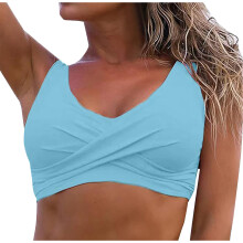 Top de bikini acolchado con escote en V y detalle retorcido en la parte delantera para mujer, color azul cielo.