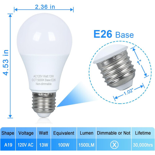 LED Light Bulbs Daylight White 5000K 13W E26 A19 4 Pack