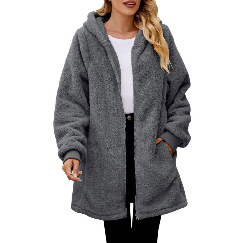 Damen-Sherpa-Fleecejacke, Grau, XL