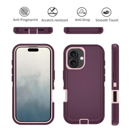 iPhone 16 detachable PC+TPU case with stand wine red pink 1