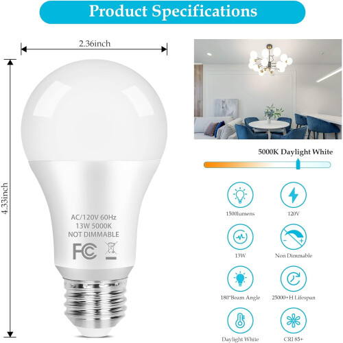 JINYUN-A19 LED Bulb Daylight White 13W E26 4-Pack