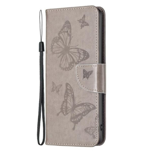 iPhone 14 Pro Max wallet case grey butterflies design 1