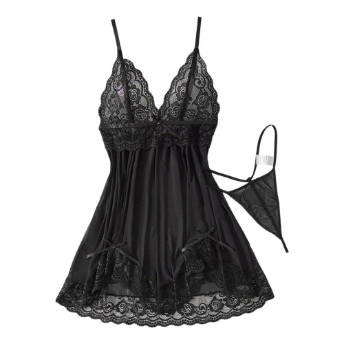 Camicia da notte da donna in pizzo nero e rete, taglia XL