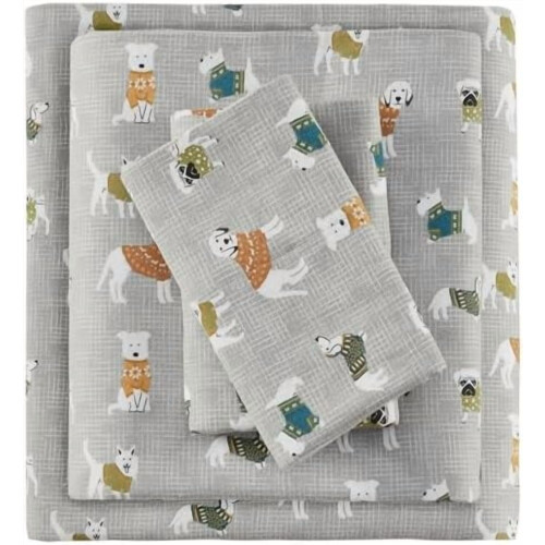 Σετ σεντόνια Cozy Flannel από βαμβάκι, γκρι, τυπωμένο με σκύλο, τετράγωνα