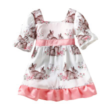 Toddler Girls Easter Dress with Rabbit Print and Ruffle