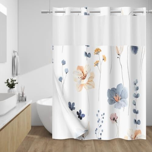 Akvarell blommig duschdraperi med vattentätt foder