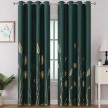 Green blackout curtains with gold palm pattern 52x102 inch