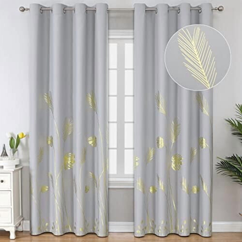 Light Grey Blackout Curtains 52x108" with Gold Palm Pattern