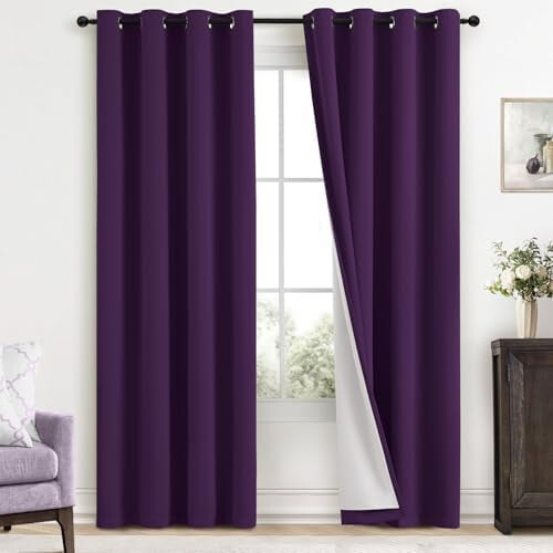 Cortinas térmicas blackout roxas com ilhós, 2 painéis, 52 x 96 polegadas