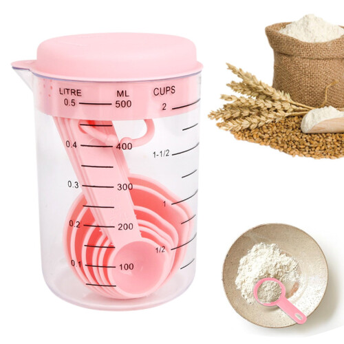 Set di 7 pezzi con cucchiai dosatori e misurini in plastica rosa 1
