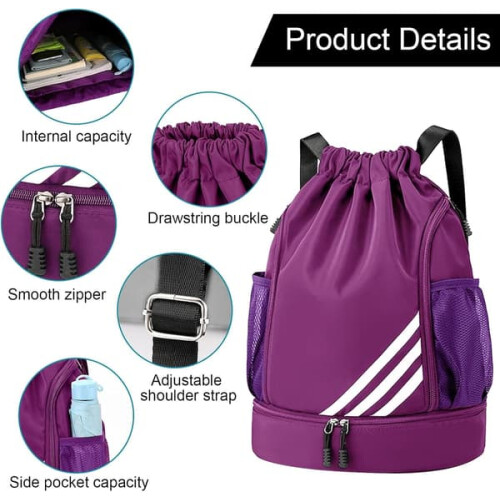 Waterproof Drawstring Gym Bag Purple Large PE 1