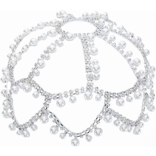 Touca de malha com pérolas e strass, estilo anos 1920, acessório boho.