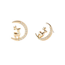 Crescent Moon Deer Stud Earrings Gold Tone with Crystals