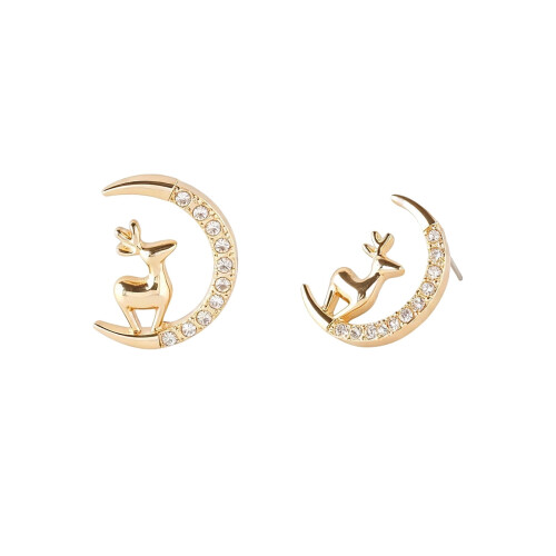 Crescent Moon Deer Stud Earrings Gold Tone with Crystals