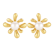 Floral Pearl Stud Earrings Women Stainless Steel Gold Tone