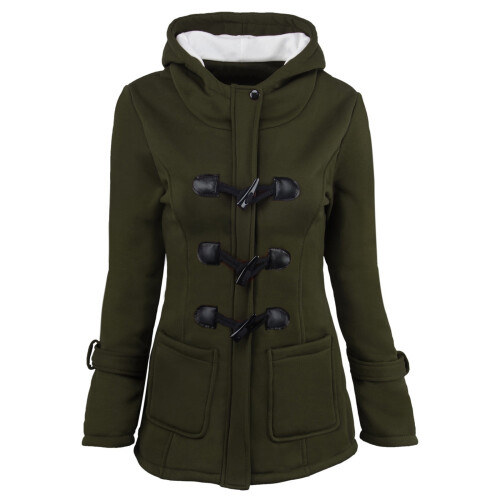 Dames winterjas met capuchon, effen groen en gewatteerd