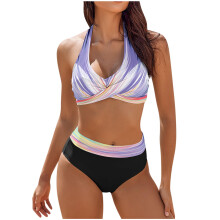Damesbikini set paars retro print hoge taille