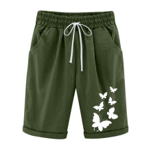 Damen Sommer Shorts aus bedruckter Baumwoll-Leinen-Mischung, Armeegrün, Größe 5XL