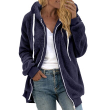 Damen-Wintermantel aus flauschigem Fleece mit Kapuze, marineblau, Größe 3XL