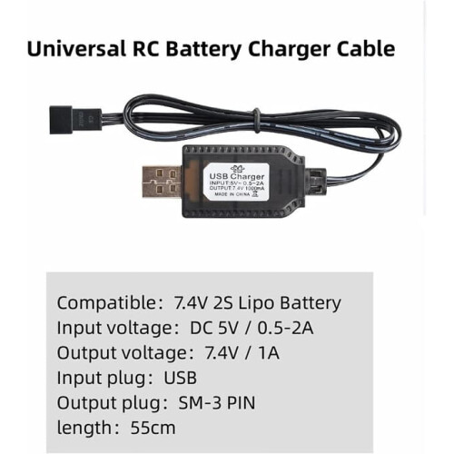 USB Charging Cable for 2S 7.4V LiPo Battery with SM-3P 1