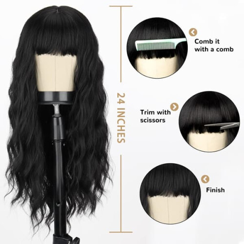 Long black wig with bangs 2