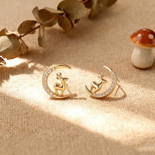 Crescent Moon Deer Stud Earrings Gold Tone with Crystals 2