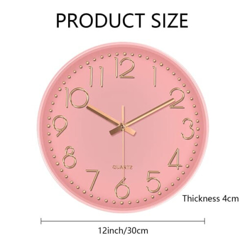Wall Clock Silent Battery Powered Pink Round 1