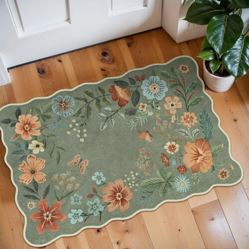 Floral Machine Washable Rug Green 3x5 ft