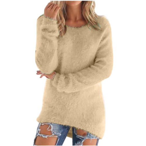 Women's Fuzzy Sweater Solid Color Long Sleeve Round Neck