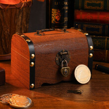 Wooden Piggy Bank with Lock Vintage Wood Carving