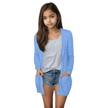 Girls' Open-Front Solid Cardigan with Pockets, Size 10-12Y