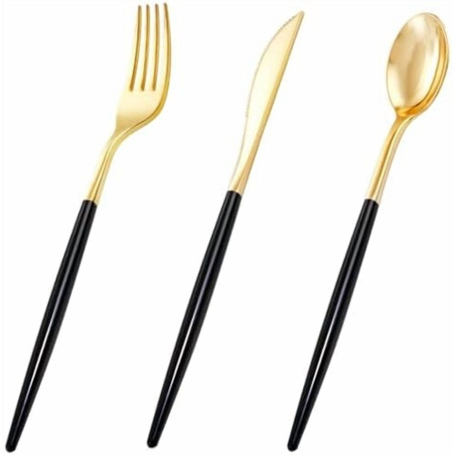 Gold Silverware Set Black Handle 60-Piece Heavy Duty