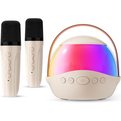 Portable karaoke speaker with 2 wireless mics beige